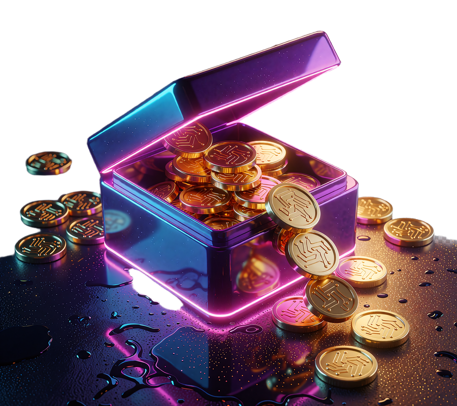 Otwarty fioletowy kufer z neonowymi krawędziami i fontanną złotych żeton&oacute;w - nagrody z Coin Shop