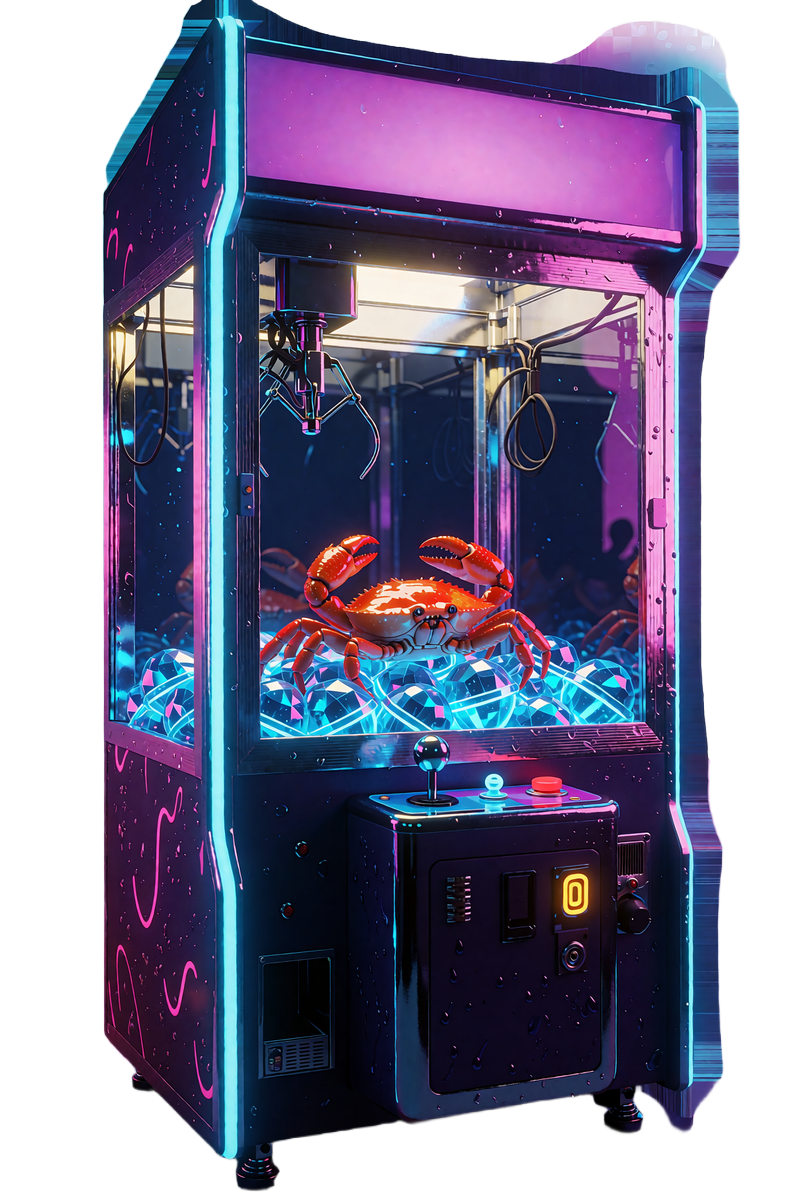 Neonowy automat z pazurem Bonus Crab z czerwonym krabem na stosie świecących kapsuł z nagrodami