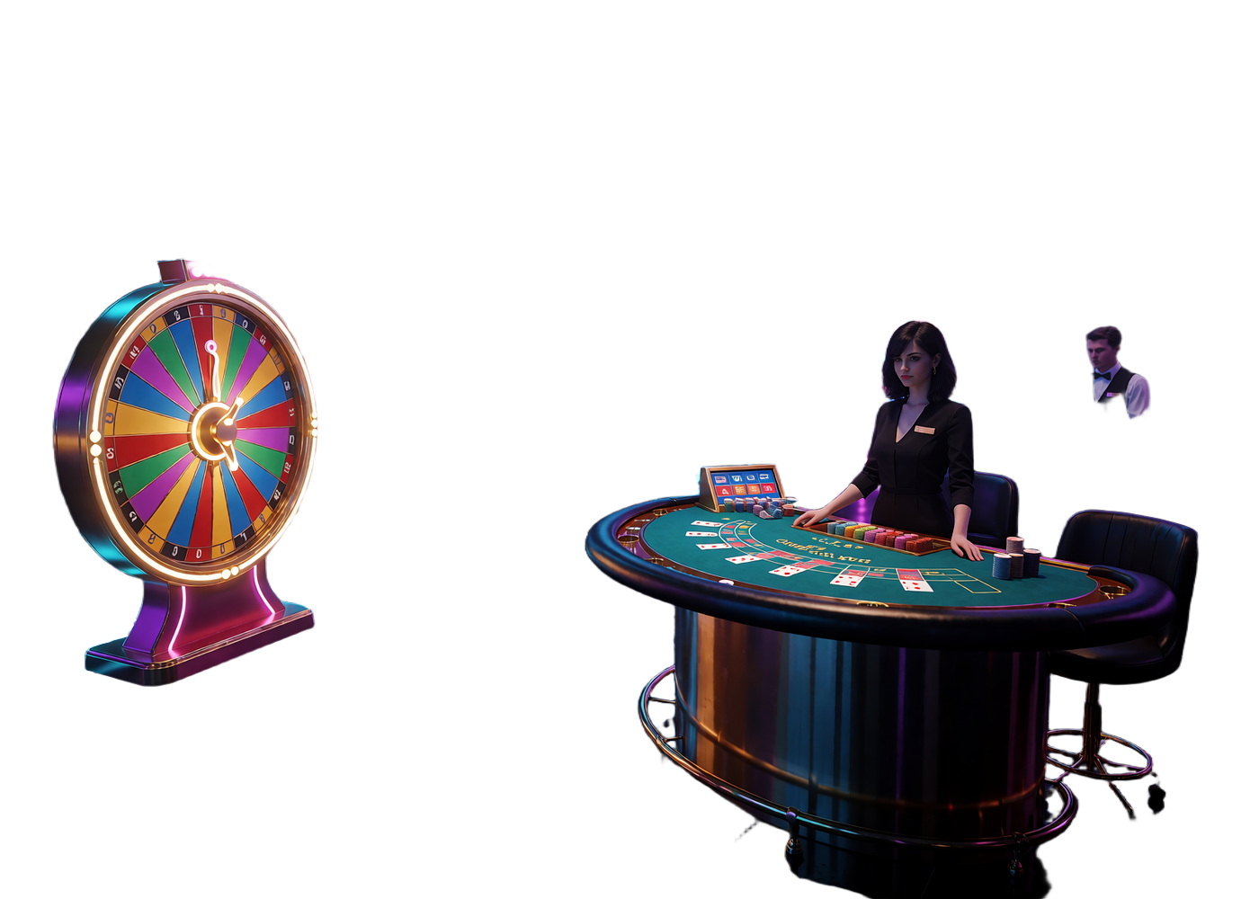 Studio kasyna na żywo z kołem nagr&oacute;d w stylu Crazy Time, stołem do blackjacka i krupierką