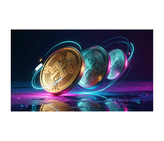 Trzy metalowe monety ze złotym awersem i wzorem obwod&oacute;w - Crypto Welcome 200% w Wyns Casino